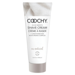 Coochy Au Natural Shave Cream 12.5 oz squeeze bottle with white linen image and black text.