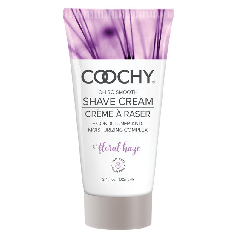 Coochy Shave Cream Floral Haze 3.4 oz squeeze bottle with black text and purple accents