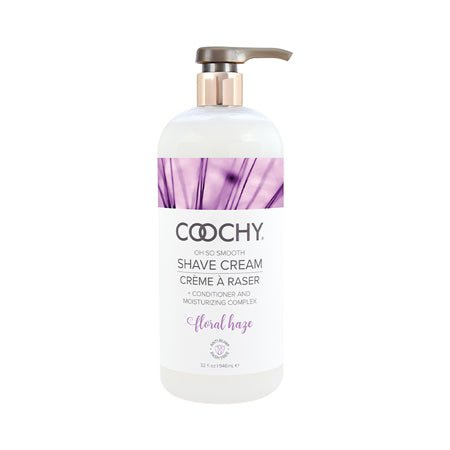 Coochy Shave Cream Floral Haze 32 oz pump top bottle with black text and purple accents