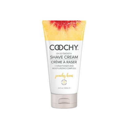 3.4 oz squeeze bottle Coochy Shave Cream Peachy Keen with sliced peach image and black text