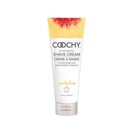 7.2 oz squeeze bottle Coochy Shave Cream Peachy Keen with sliced peach image and black text