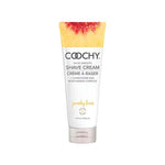 7.2 oz squeeze bottle Coochy Shave Cream Peachy Keen with sliced peach image and black text