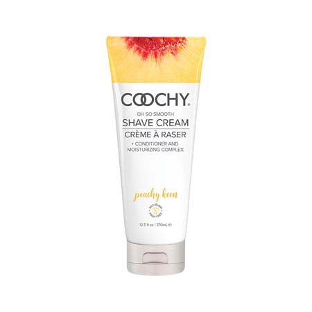 12.5 oz squeeze bottle Coochy Shave Cream Peachy Keen with sliced peach image and black text