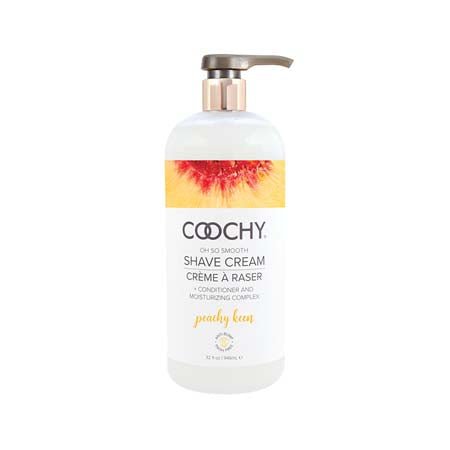 32 oz pump top bottle Coochy Shave Cream Peachy Keen with sliced peach image and black text