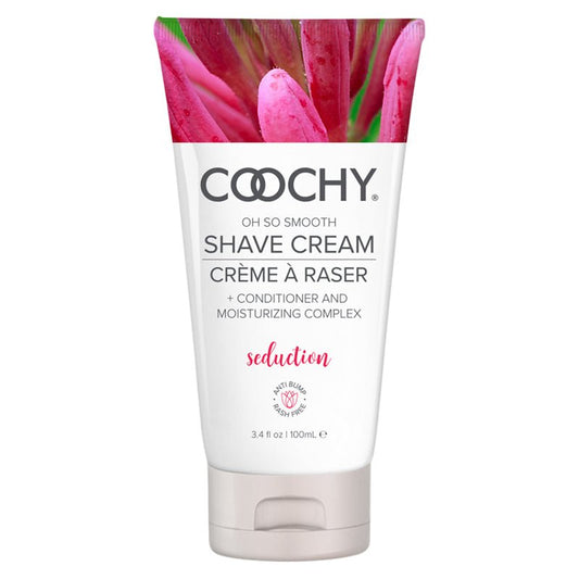 Coochy Shave Cream Seduction 3.4 oz squeeze bottle with pink flower image and black text.
