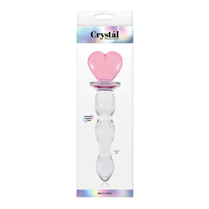 Heart of glass textured glass dildo in a white box with holographic detail and black font