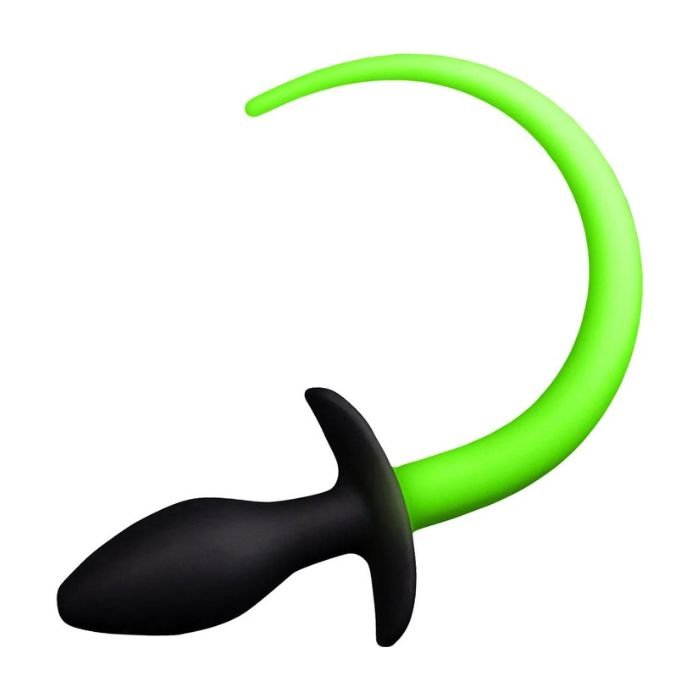 puppy play black anal butt plug with neon green glow-in-the-dark tail