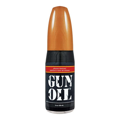 Front of Gun Oil silicone lubricant bottle 2 ounces. Bottle is black with a red stripe, Gun Oil in white text and a gold cap 