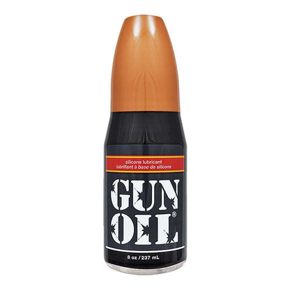 Front of Gun Oil Premium Silicone lubricant bottle 8 ounces. Bottle is black with a red stripe, Gun Oil in white text and a gold cap 
