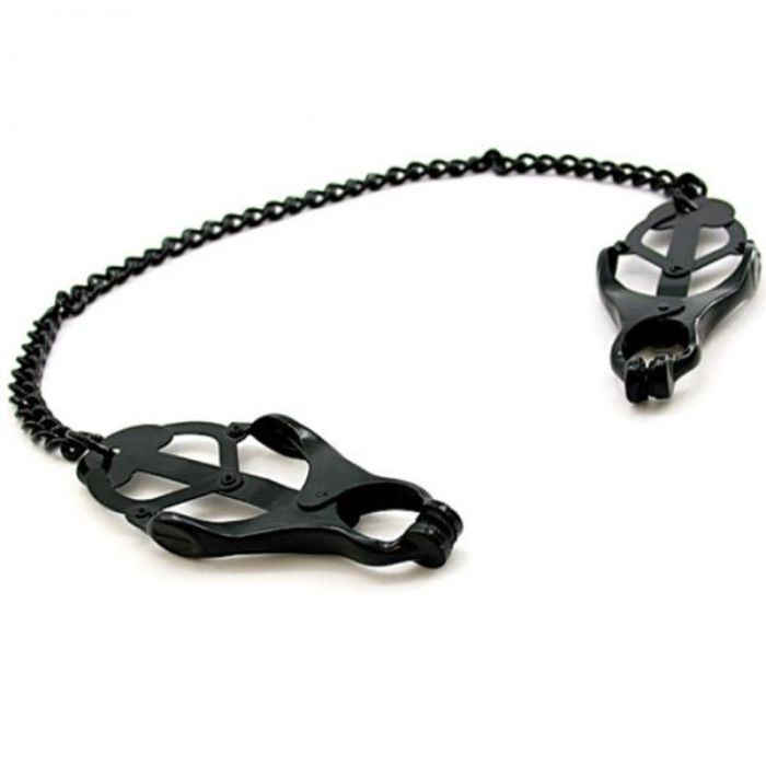 black coated metal chain connecting leaf shaped and cut out nipple clamps on each end