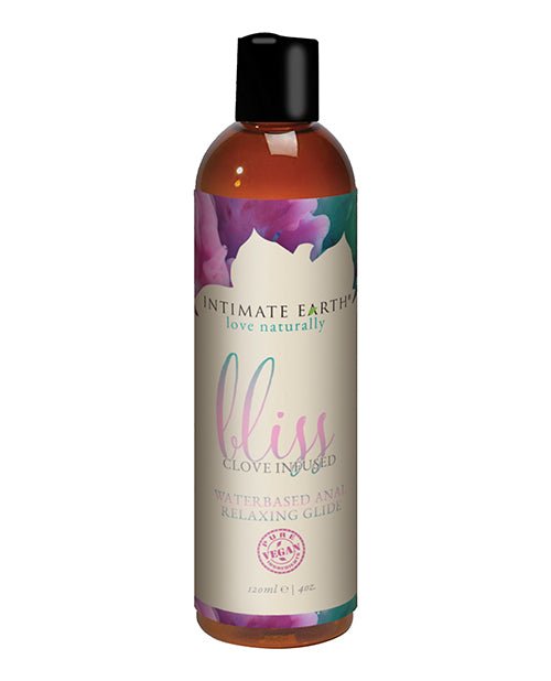 4 ounce brown bottle, black squeeze cap lid, beige label and pink with purple and blue text reads intimate earth bliss clove infused water based anal relaxing glide