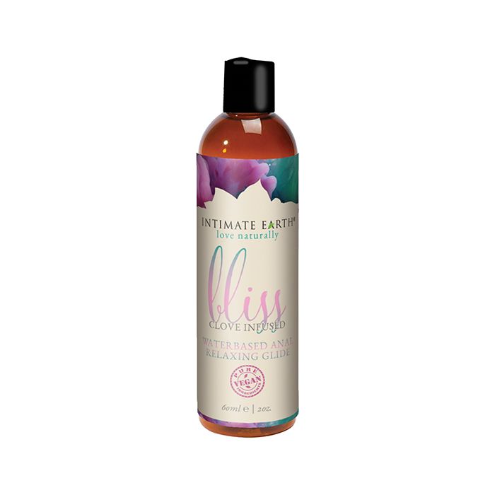 2 ounce brown bottle, black squeeze cap lid, beige label and pink with purple and blue text reads intimate earth bliss clove infused water based anal relaxing glide