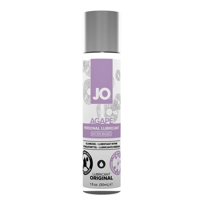 Front of System JO® Agapé Water-Based lubricant 1 ounce bottle. Bottle is clear with lavender accents and black text with a silver cap.
