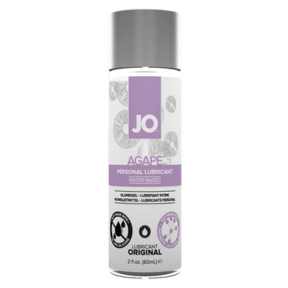 Front of System JO® Agapé Water-Based lubricant 2 ounce bottle. Bottle is clear with lavender accents and black text with a silver cap.
