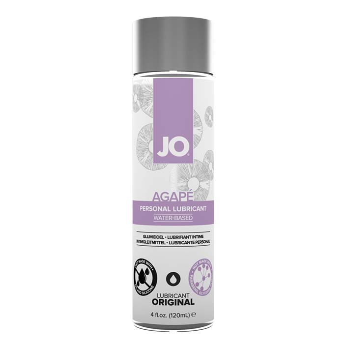 Front of System JO® Agapé Water-Based lubricant 4 ounce bottle. Bottle is clear with lavender accents and black text with a silver cap.