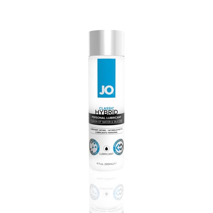 Front of System JO® Classic Hybrid Silicone and Water-Based fusion lubricant 4 ounce bottle. Bottle is clear with blue accents and black text with a silver cap.