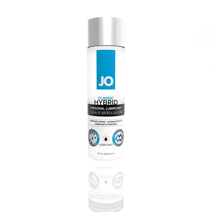 Front of System JO® Classic Hybrid Silicone and Water-Based fusion lubricant 8 ounce bottle. Bottle is clear with blue accents and black text with a silver cap.