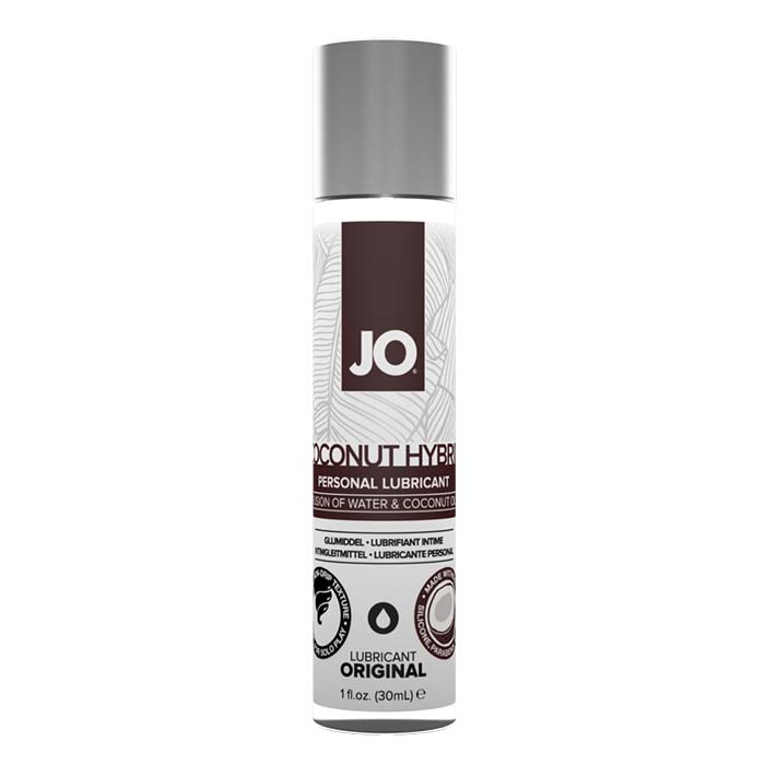 Front of System JO® Coconut Hybrid Silicone-Free lubricant 1 ounce bottle. Bottle is clear with brown accents with a silver cap.