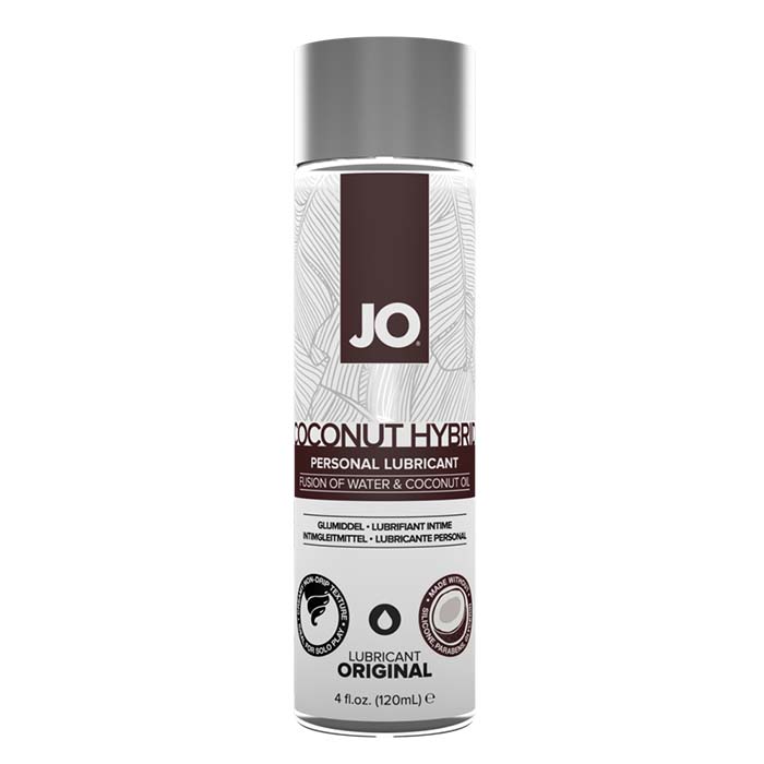 Front of System JO® Coconut Hybrid Silicone-Free lubricant 4 ounce bottle. Bottle is clear with brown accents with a silver cap.
