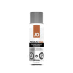 Front of System JO® Premium Anal Silicone-based lubricant 2 ounce bottle. Bottle is clear with black and brown accents with a silver cap.