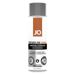 Front of System JO® Premium Anal Silicone-based lubricant 8 ounce bottle. Bottle is clear with black and brown accents with a silver cap.
