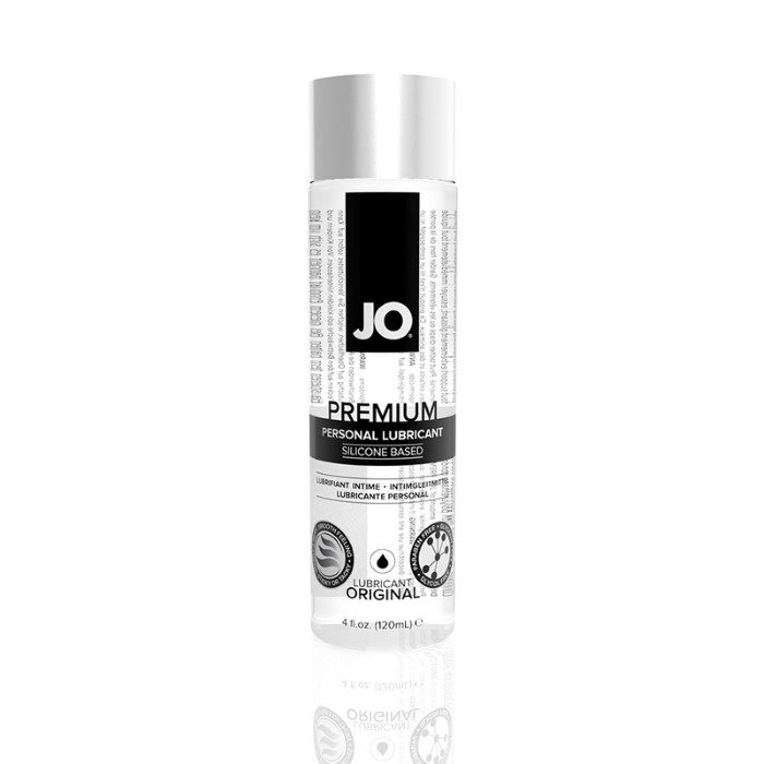 Front of System JO® Premium Silicone lubricant 4 ounce bottle. Bottle is clear with black accents and black or silver text with a silver cap.