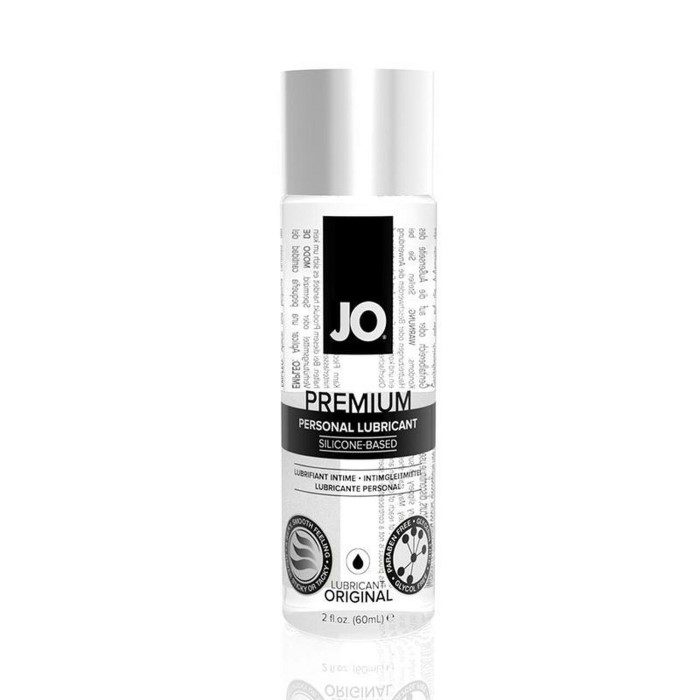 Front of System JO® Premium Silicone lubricant 2 ounce bottle. Bottle is clear with black accents and black or silver text with a silver cap.