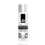 Front of System JO® Premium Silicone lubricant 2 ounce bottle. Bottle is clear with black accents and black or silver text with a silver cap.