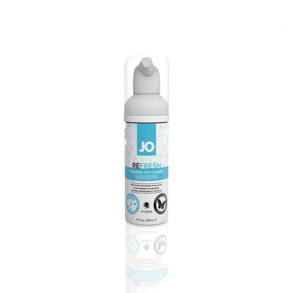 Front of System JO® Refresh Foaming Toy Cleaner 1.7 ounce bottle. Bottle is white with foaming pump lid and clear cap, blue accents, with white and black text on the label.