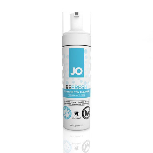 Front of System JO® Refresh Foaming Toy Cleaner 7 ounce bottle. Bottle is white with foaming pump lid and clear cap, blue accents, with white and black text on the label.