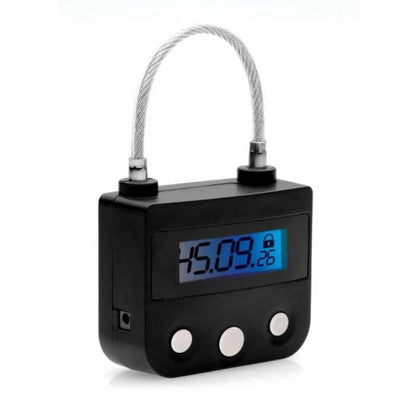 black timer lock with blue backlit LED screen, cable shackle, and three white function buttons.