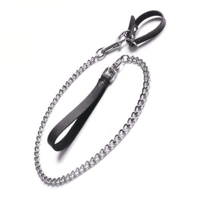 kinklab buckling black leather cock ring and metal chain leash with black leather strap handle
