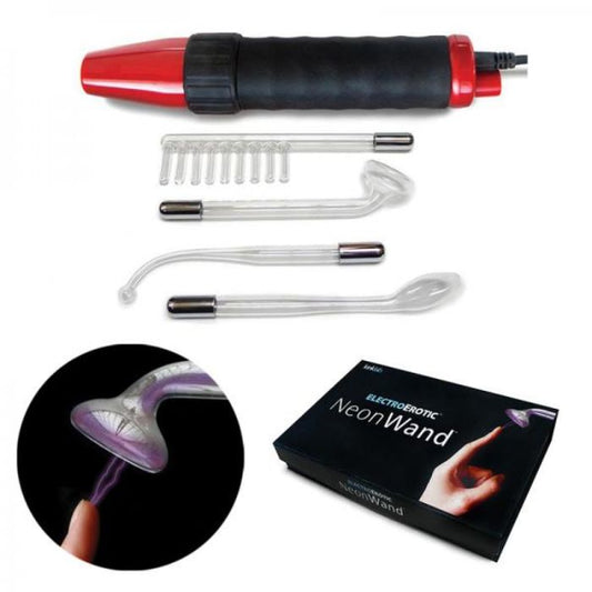 kinklab neon red and black handle wand electro stimulator with glass attachments with image of electrode touching a finger, and the black packaging box