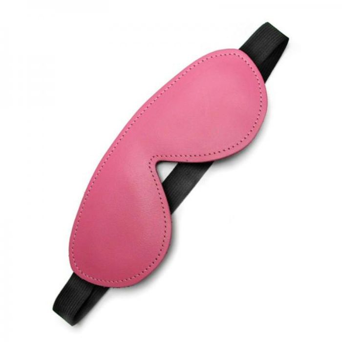 pink leather eye shape contoured covering mask with thick black elastic strap.