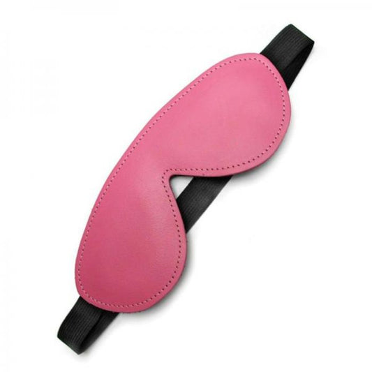 pink leather eye shape contoured covering mask with thick black elastic strap.