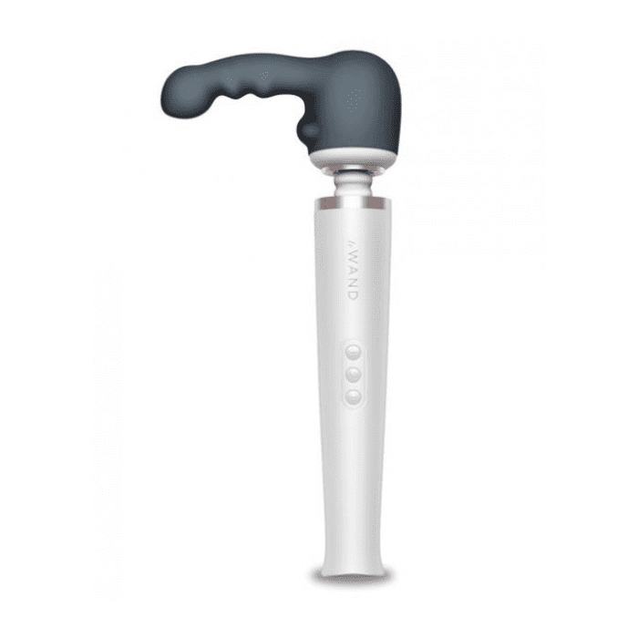 grey Le Wand Ripple Weighted Silicone Wand Attachment with extended ripple detailed dildo arm attached to white le wand vibrating massager