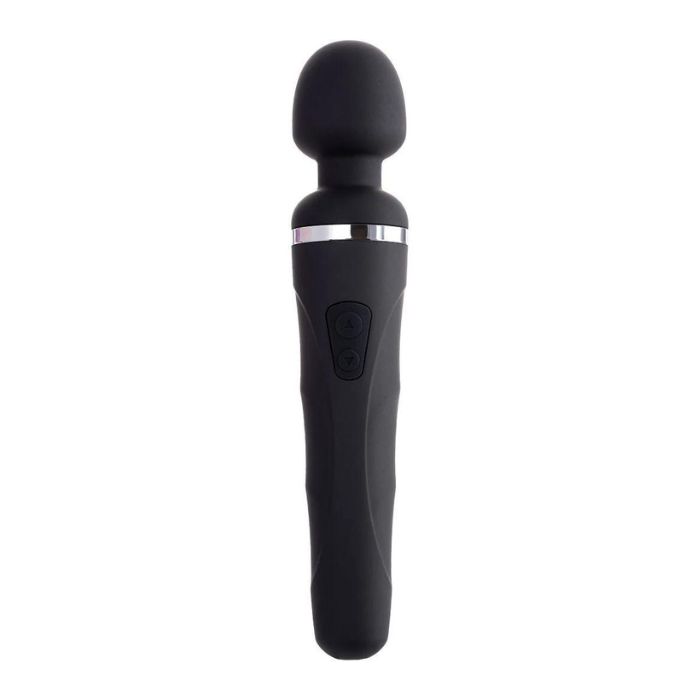front view black Lovense Domi 2 silicone with two button and silver accent piece Wand Vibrator