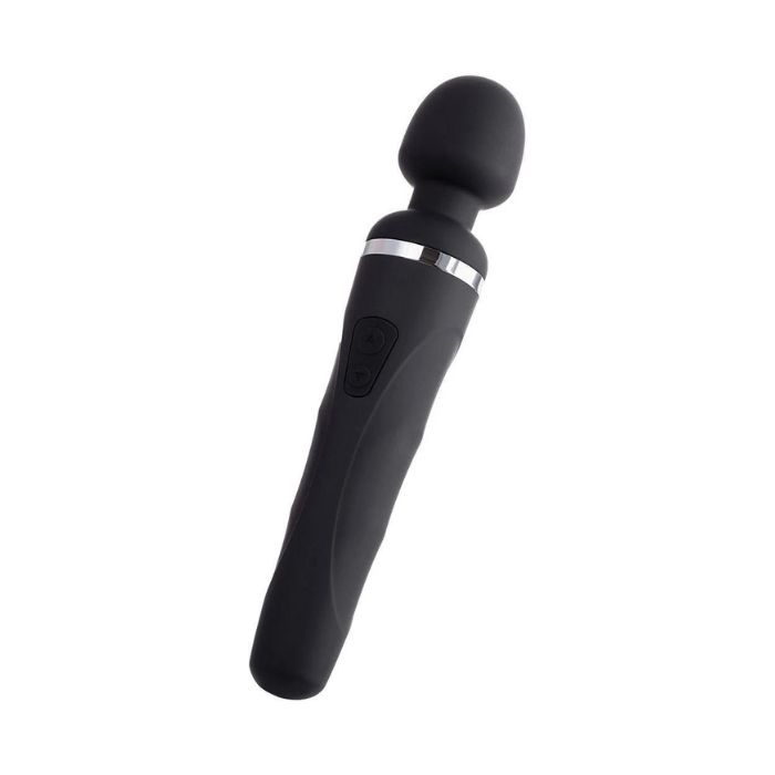 angled to the right view black Lovense Domi 2 silicone with two button and silver accent piece Wand Vibrator