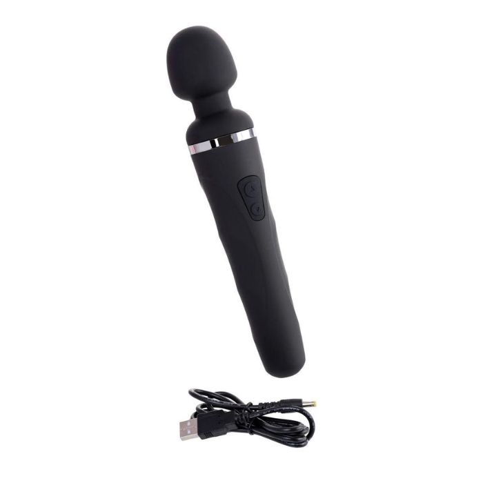 front view black Lovense Domi 2 silicone with two button and silver accent piece Wand Vibrator with black USB charger cable.