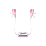 lovense gemini app controlled pink and white ombre nipple clamps connected by white cord, with controller attached  in middle of cord with silver Lovense logo plate.