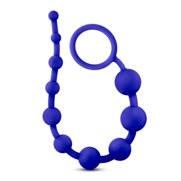 looped in u-shape blue string of Silicone Anal Beads with 10 beads starting from smallest to largest and increasing in size up to the removal ring
