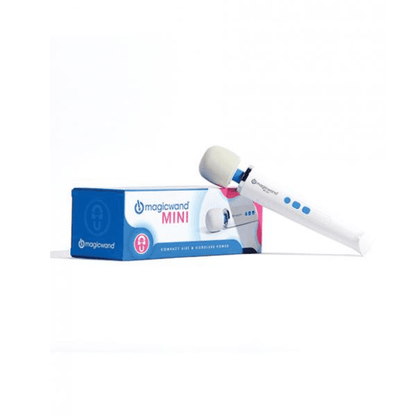 Magic Wand Mini Rechargeable Vibrating Massager set on top of blue and white packaging box with pink text 