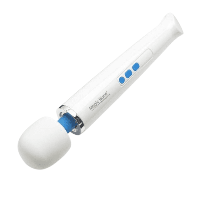 angle pointing down white magic wand vibrating massager with blue buttons and neck