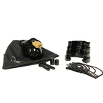 Fully-assembled black Mini-Me chastity cage on black storage pouch with 2 metal keys to left. 2 black spacers, 2 black locking pins, 4 black stacked U-rings and 5 black plastic locks sit displayed on right.