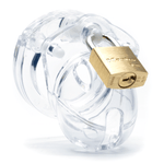 1.25 inch clear penis chastity device assembled with a brass lock secured through the center locking pin.