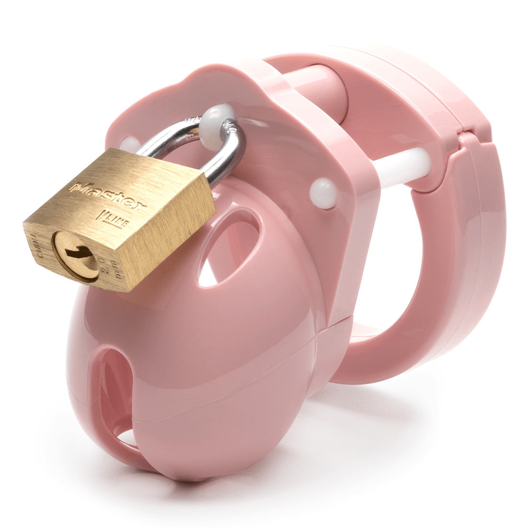 Front view, with tip angled to the left of a fully-assembled pale bubblegum pink Mini-Me penis chastity cage. Three white locking pins connect the base ring to the penis cage and a brass padlock is secured through the hole on the center locking pin.