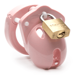 Front view, with tip angled to the right of a fully-assembled pale bubblegum pink Mini-Me penis chastity cage. Three white locking pins connect the base ring to the penis cage and a brass padlock is secured through the hole on the center locking pin.