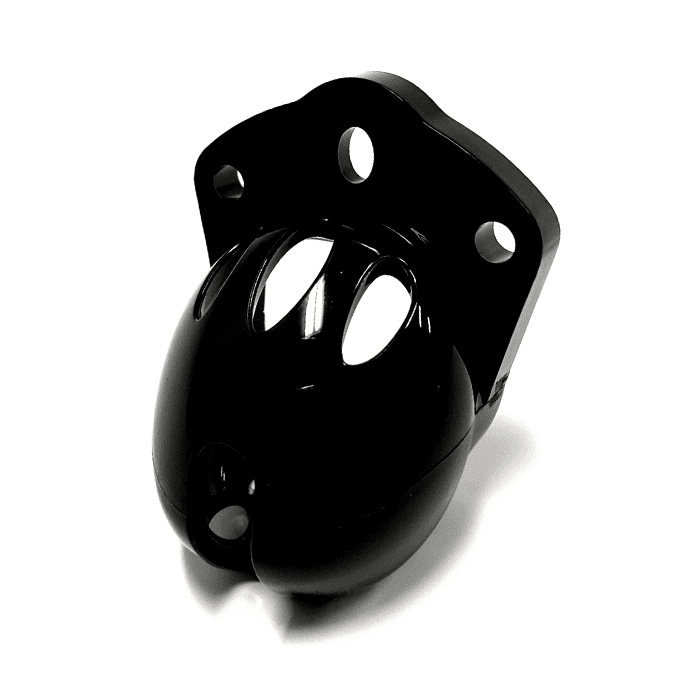 Front view of black Mini-Me cock cage only, tip of the cage angled to the left.