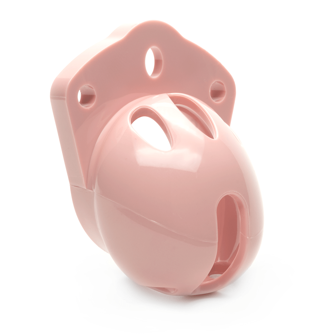 Front and side profile view of pink Mini-Me cock cage only, tip of the cage angled to the right