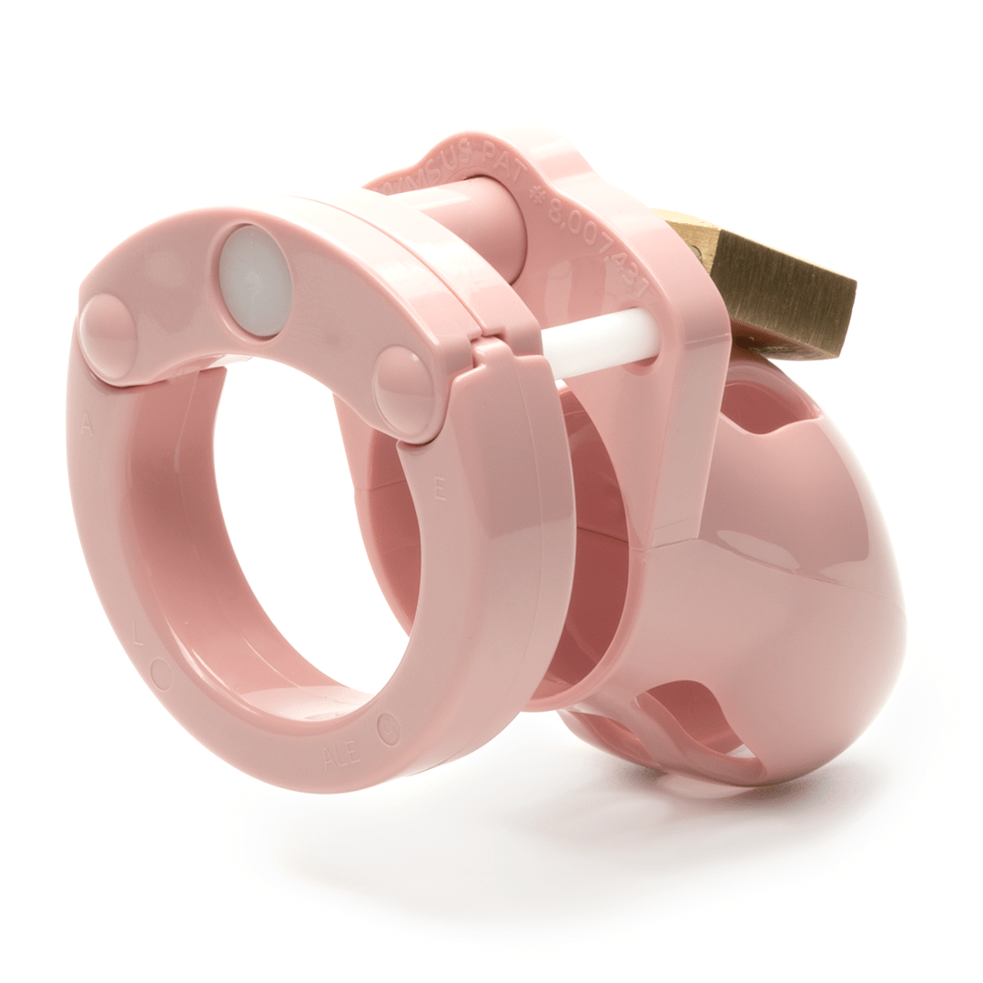Back and side view, with tip angled to the right of a fully-assembled pale bubblegum pink Mr. Stubb penis chastity cage. The brass lock can bee seen hanging on the front of the center locking pin.